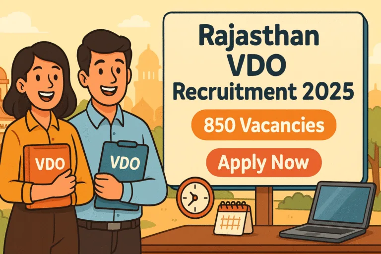 Cartoon illustration showing male and female candidates with VDO files in front of a Rajasthan village backdrop, highlighting Rajasthan VDO Recruitment 2025 with 850 vacancies and Apply Now button.