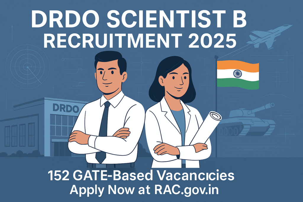 Confident Indian engineers in front of DRDO headquarters promoting DRDO Scientist B Recruitment 2025 with GATE-based vacancy details and national pride.