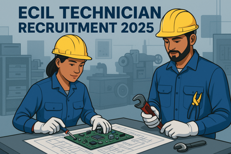 ECIL Technician Recruitment 2025 – Indian male and female technicians in workshop with tools and circuit board