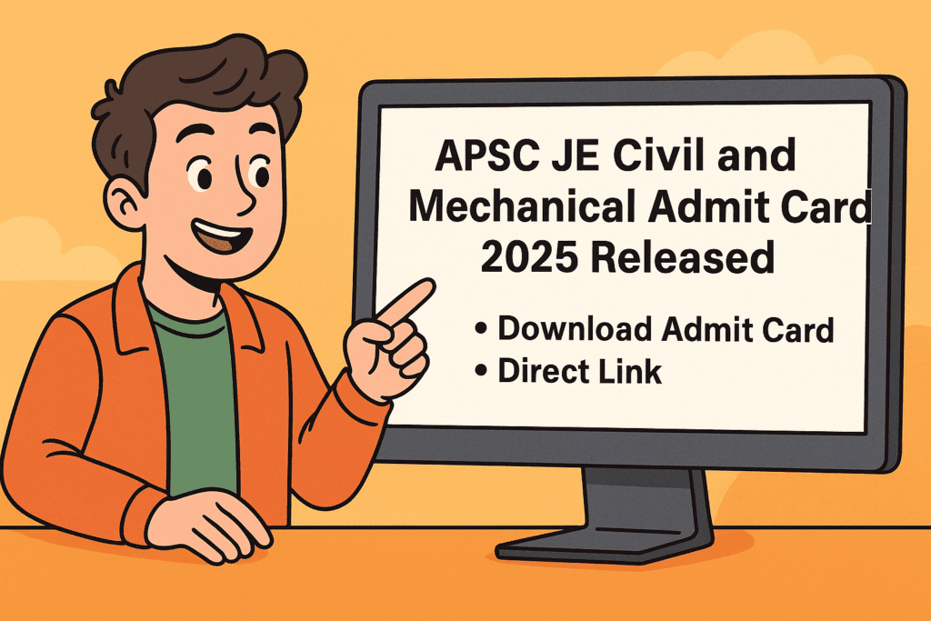 Cartoon illustration of a candidate checking APSC JE Civil and Mechanical Admit Card 2025 on a computer screen
