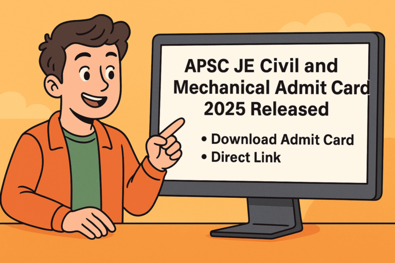Cartoon illustration of a candidate checking APSC JE Civil and Mechanical Admit Card 2025 on a computer screen