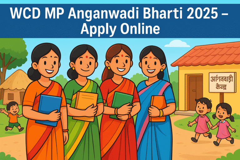 WCD MP Anganwadi Bharti 2025 cartoon banner showing women workers and children in a rural setting