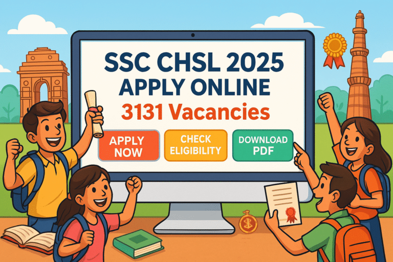 Cartoon illustration of SSC CHSL 2025 Apply Online with 3131 vacancies shown on a big computer screen, surrounded by happy Indian students and Delhi landmarks.