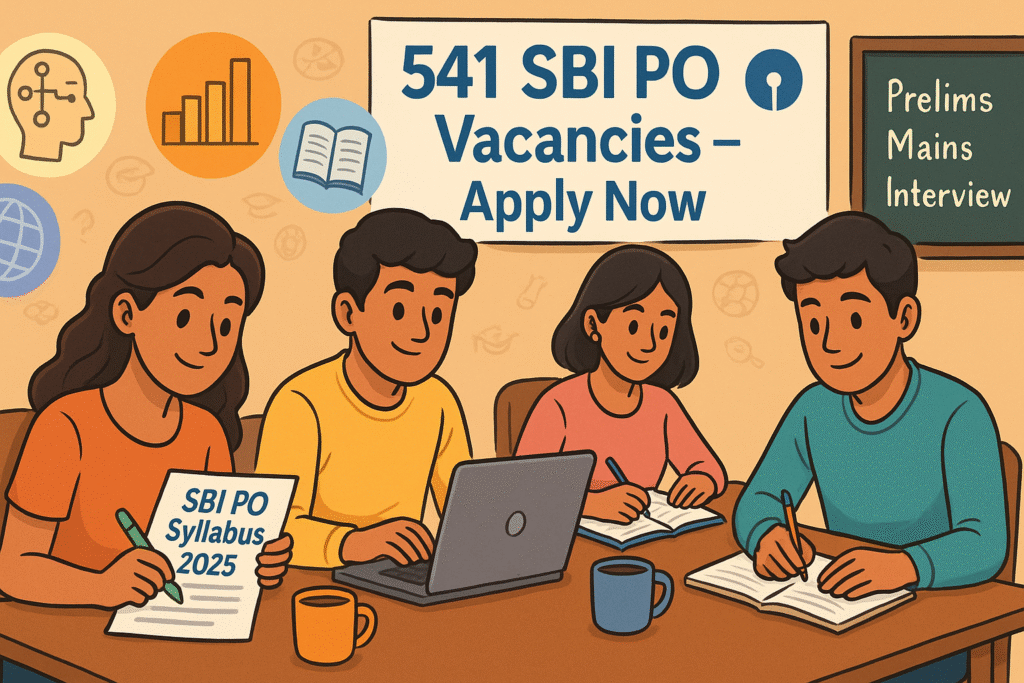Cartoon illustration of students preparing for SBI PO Syllabus 2025 with books, laptops, and subject icons in a cozy study room.