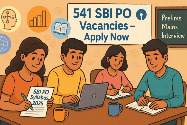 Cartoon illustration of students preparing for SBI PO Syllabus 2025 with books, laptops, and subject icons in a cozy study room.