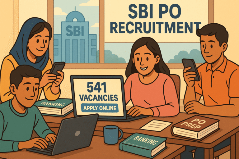 Cartoon-style illustration of students checking SBI PO 2025 Notification and applying online