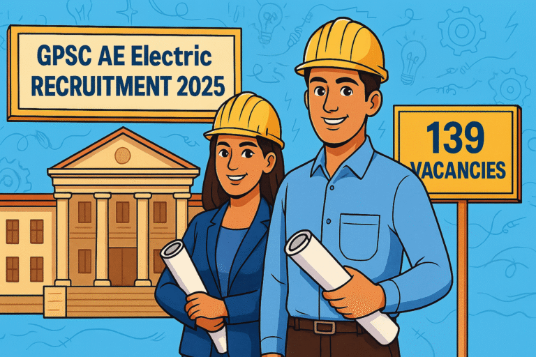 Cartoon illustration of young engineers for GPSC AE Electrical Recruitment 2025 with sky blue background