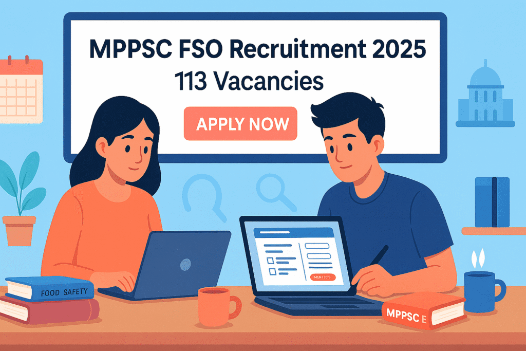 Two students applying online for MPPSC FSO Recruitment 2025 on laptops with a recruitment banner in the background.
