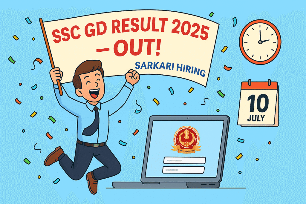 Cheerful cartoon candidate celebrating SSC GD Result 2025 with a banner and login screen