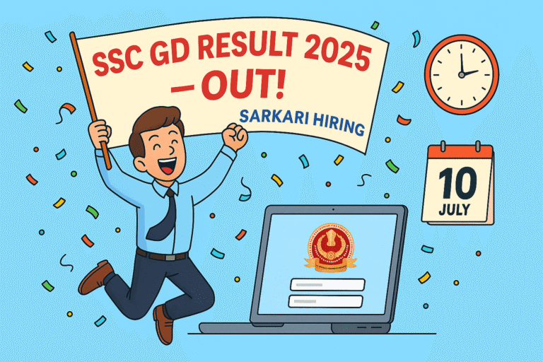 Cheerful cartoon candidate celebrating SSC GD Result 2025 with a banner and login screen