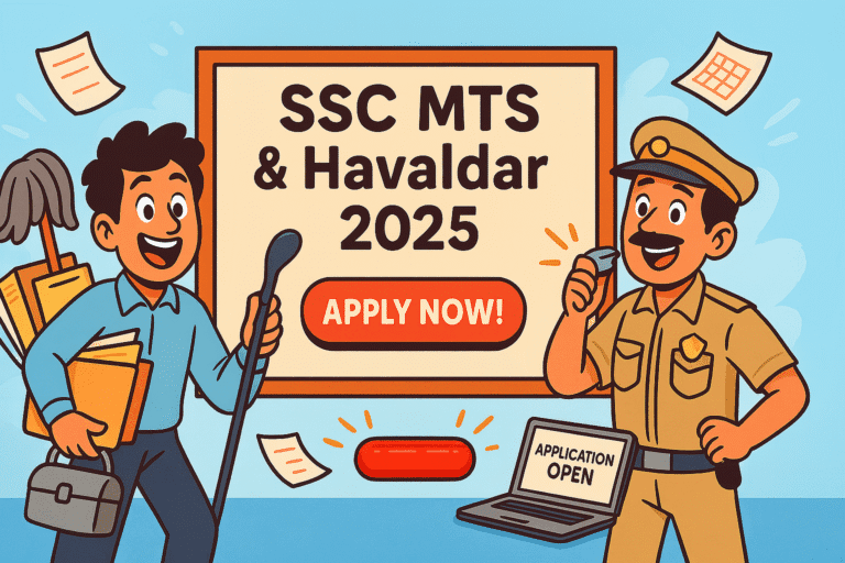 Cartoon illustration of SSC MTS 2025 Notification showing MTS and Havaldar characters with an "Apply Now" button.