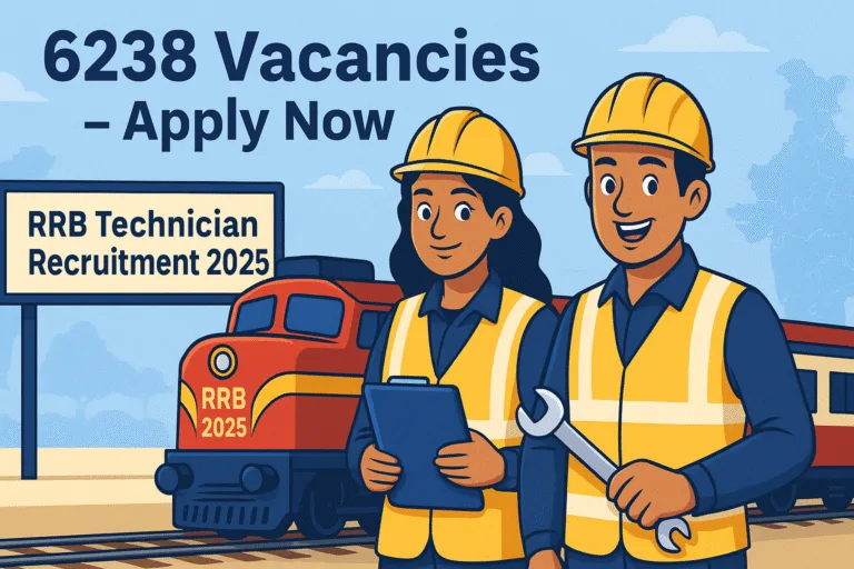 Cartoon-style banner showing Indian railway technicians promoting RRB Technician Recruitment 2025 with 6238 vacancies – Apply Now