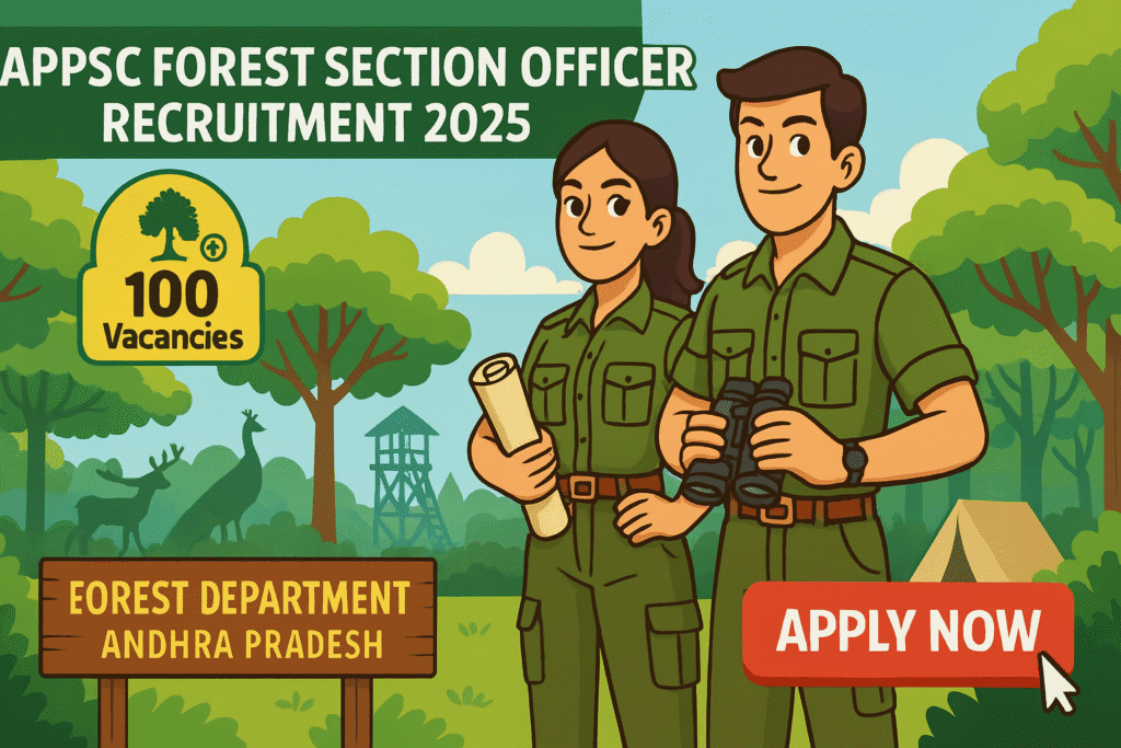 Cartoon-style illustration for APPSC Forest Section Officer Recruitment 2025 showing candidates in forest uniforms with recruitment highlights