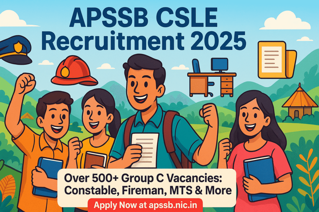 Cartoon-style illustration for APSSB CSLE Recruitment 2025 showing young candidates and 500+ Group C posts