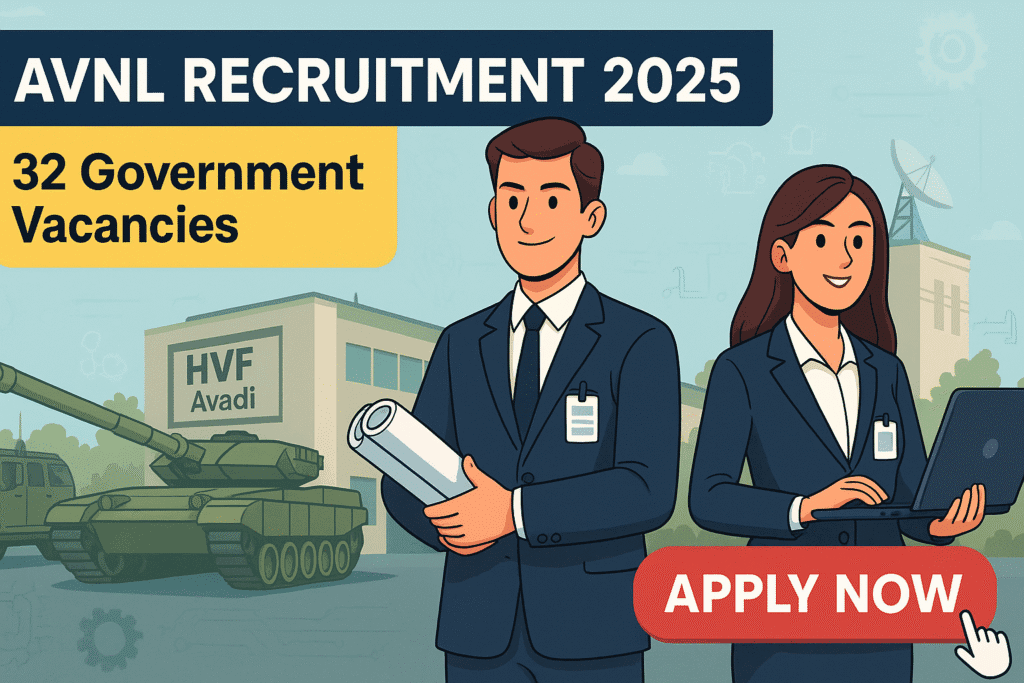 Cartoon-style illustration for AVNL Recruitment 2025 showing candidates in front of HVF Avadi with tanks and technical elements in the background.