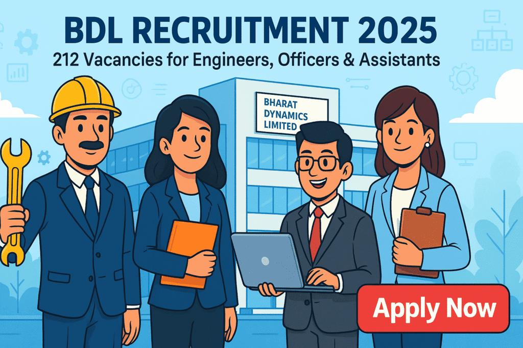 Cartoon illustration of diverse candidates applying for BDL Recruitment 2025 in front of Bharat Dynamics Limited office