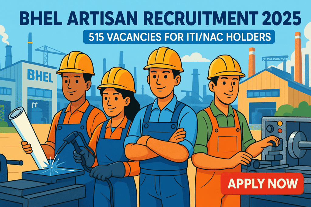 Cartoon illustration of young candidates applying for BHEL Artisan Recruitment 2025 with factory background and Apply Now button.