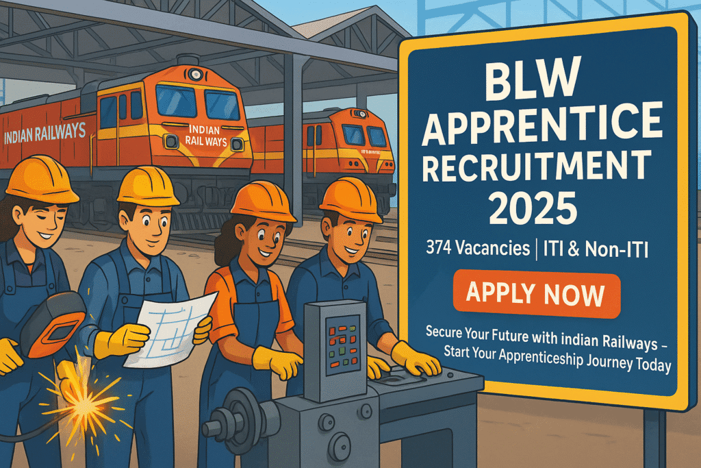 Cartoon-style illustration of young candidates working in a railway workshop for BLW Apprentice Recruitment 2025 with 374 ITI and Non-ITI vacancies.
