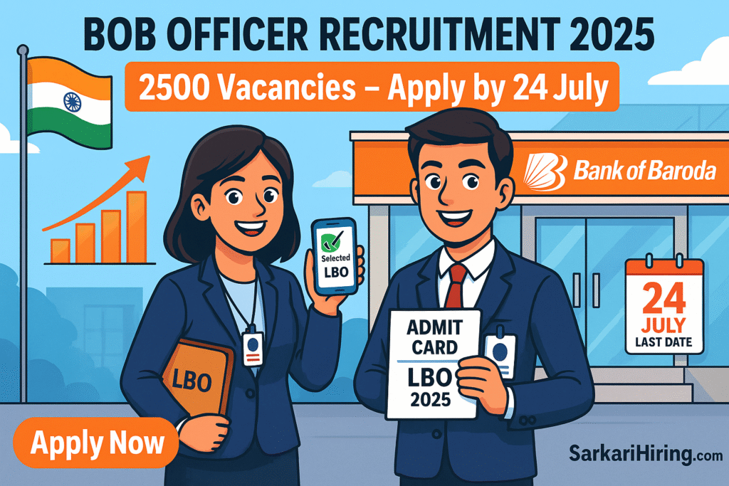 Cartoon-style illustration of Indian candidates standing in front of a bank for BOB Officer Recruitment 2025