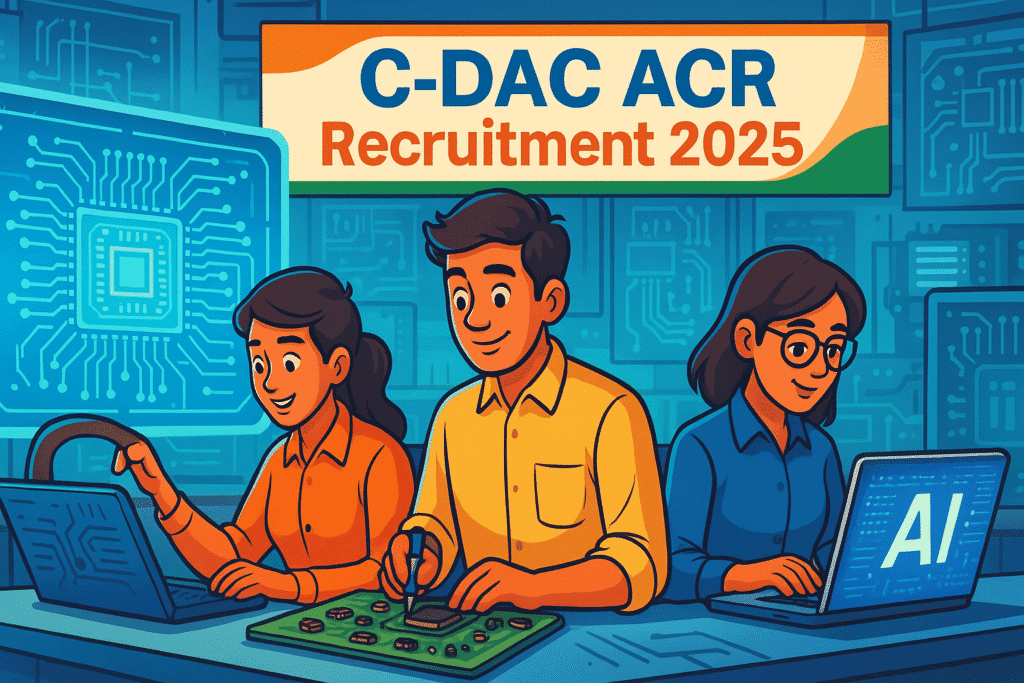 Cartoon-style illustration of young engineers working in a futuristic Indian lab for C-DAC ACR Recruitment 2025, with holographic screens, circuit debugging, and AI coding.