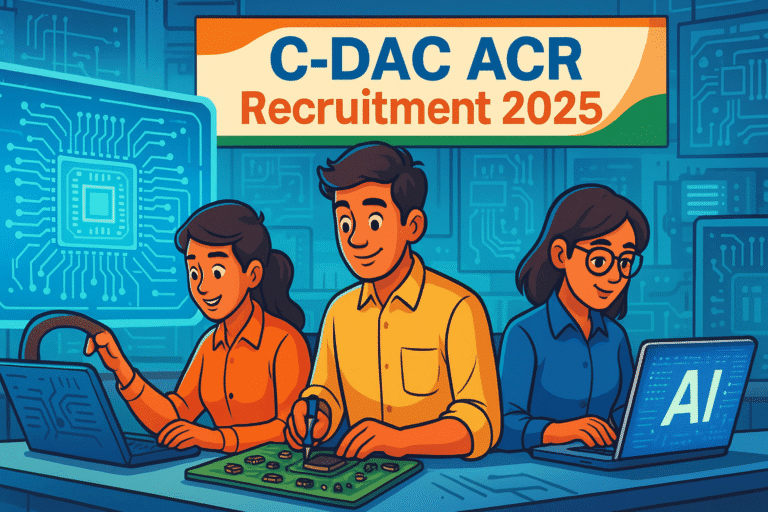 Cartoon-style illustration of young engineers working in a futuristic Indian lab for C-DAC ACR Recruitment 2025, with holographic screens, circuit debugging, and AI coding.