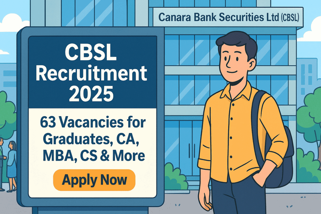 Cartoon illustration showing a candidate outside Canara Bank Securities Ltd with CBSL Recruitment 2025 banner highlighting 63 vacancies for graduates.