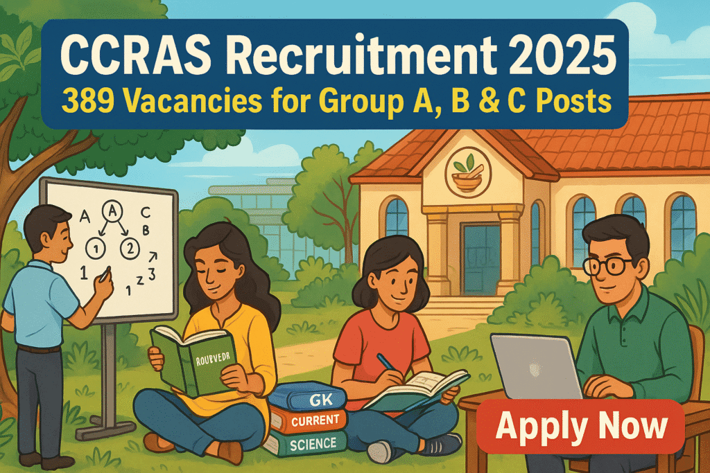 Cartoon-style illustration of students preparing for CCRAS Recruitment 2025 with Ayurvedic science backdrop