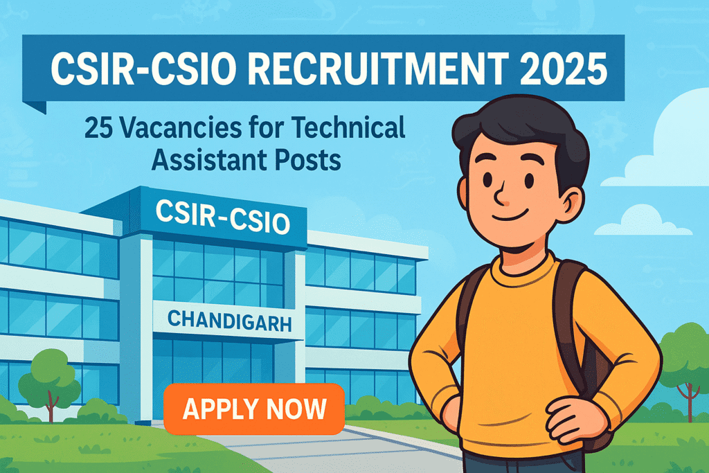 Cartoon-style illustration promoting CSIR-CSIO Recruitment 2025 with 25 Technical Assistant vacancies and "Apply Now" call-to-action.