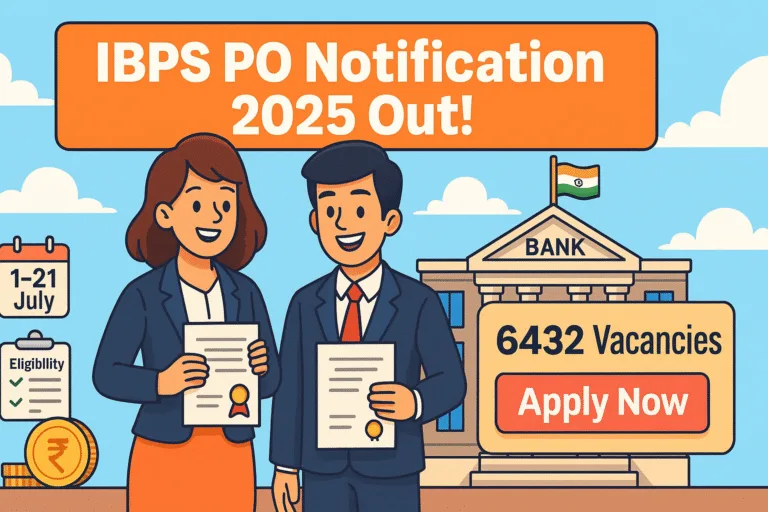 Cartoon-style banner showing IBPS PO Notification 2025 with graduates and vacancy details