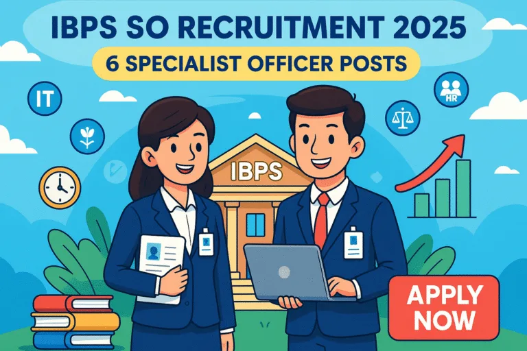 Cartoon illustration of candidates in front of bank building for IBPS SO Recruitment 2025 with apply now banner