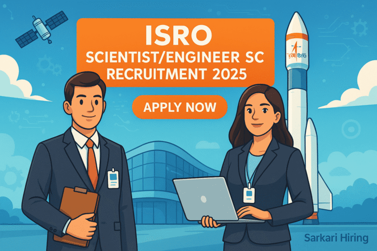 Cartoon illustration of male and female graduates at ISRO campus for ISRO Scientist/Engineer SC Recruitment 2025