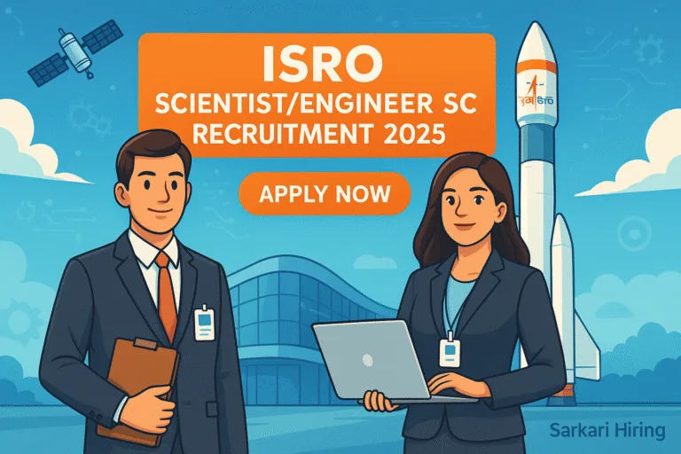 Cartoon illustration of male and female graduates at ISRO campus for ISRO Scientist/Engineer SC Recruitment 2025