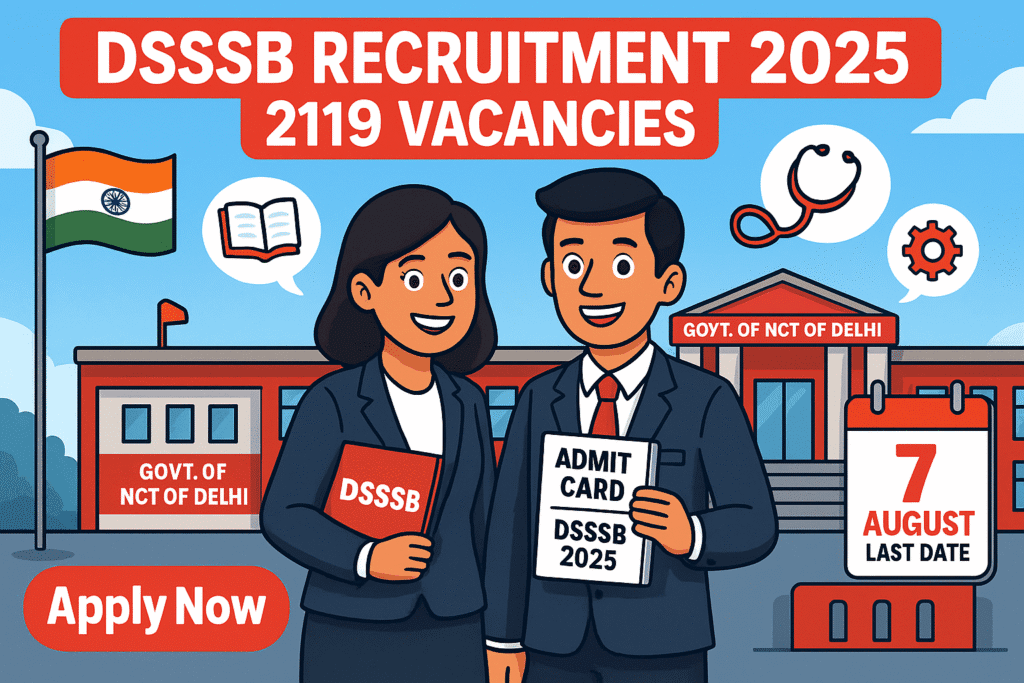 Cartoon-style banner showing candidates celebrating DSSSB Recruitment 2025 Notification with 2119 vacancies and last date to apply as 7 August.
