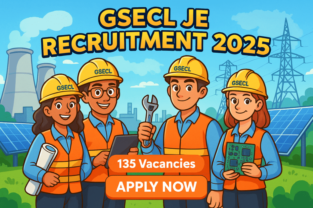 Cartoon-style illustration showing GSECL JE Recruitment 2025 with four young engineers in safety gear in front of a power plant, symbolizing 135 vacancies.