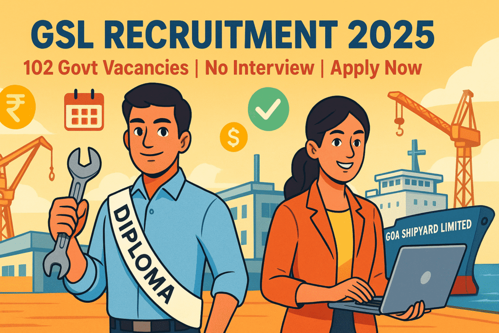 Cartoon-style illustration showing candidates applying for GSL Recruitment 2025 at Goa Shipyard Limited with tools, laptops, and job icons.