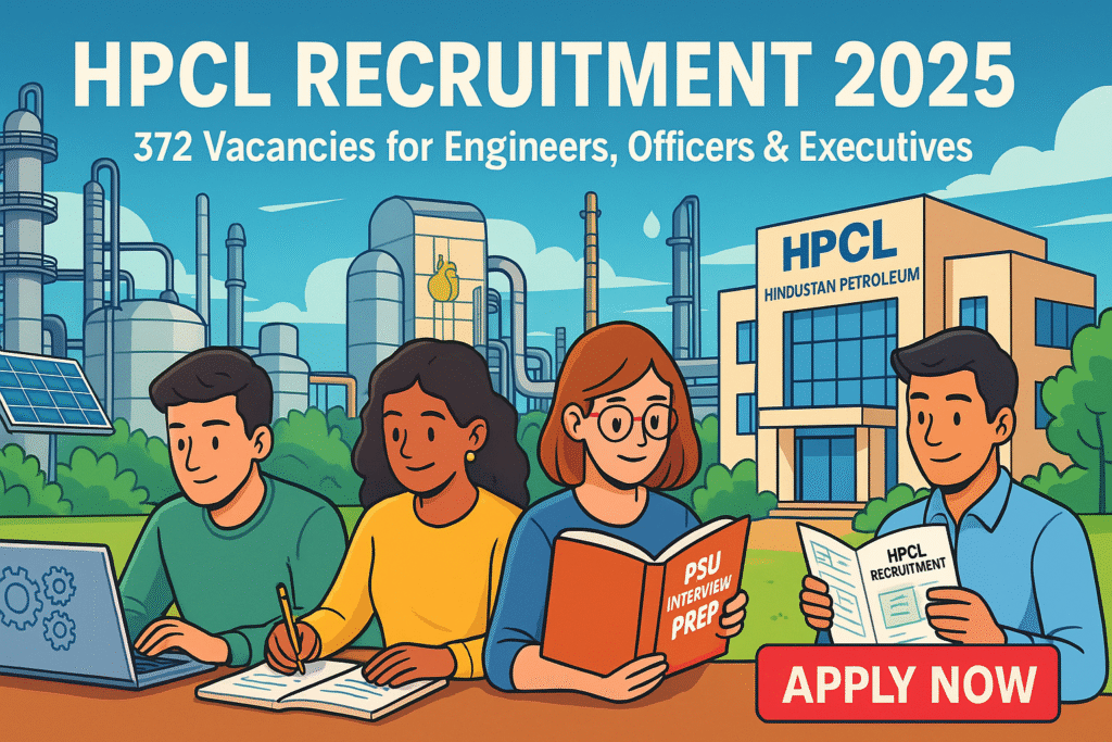 Cartoon illustration of HPCL Recruitment 2025 showing aspirants studying in front of a refinery backdrop with 372 vacancies mentioned.