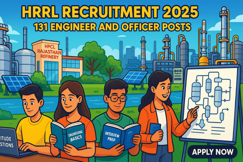 Cartoon-style illustration showing students preparing for HRRL Recruitment 2025 with a refinery backdrop, books, and "Apply Now" button.