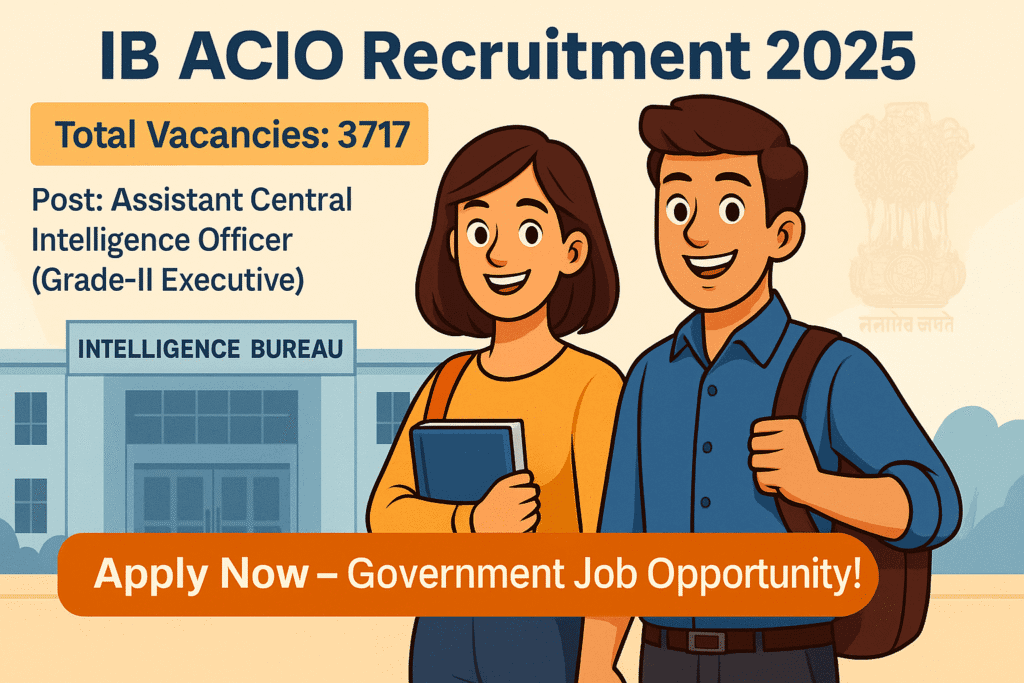 Cartoon-style illustration of male and female aspirants in front of Intelligence Bureau building for IB ACIO Recruitment 2025 with job vacancy and apply now text.