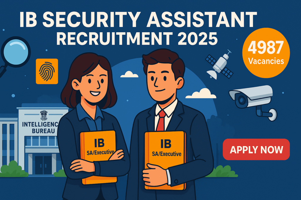 Cartoon-style illustration of candidates applying for IB Security Assistant Recruitment 2025 with 4987 vacancies