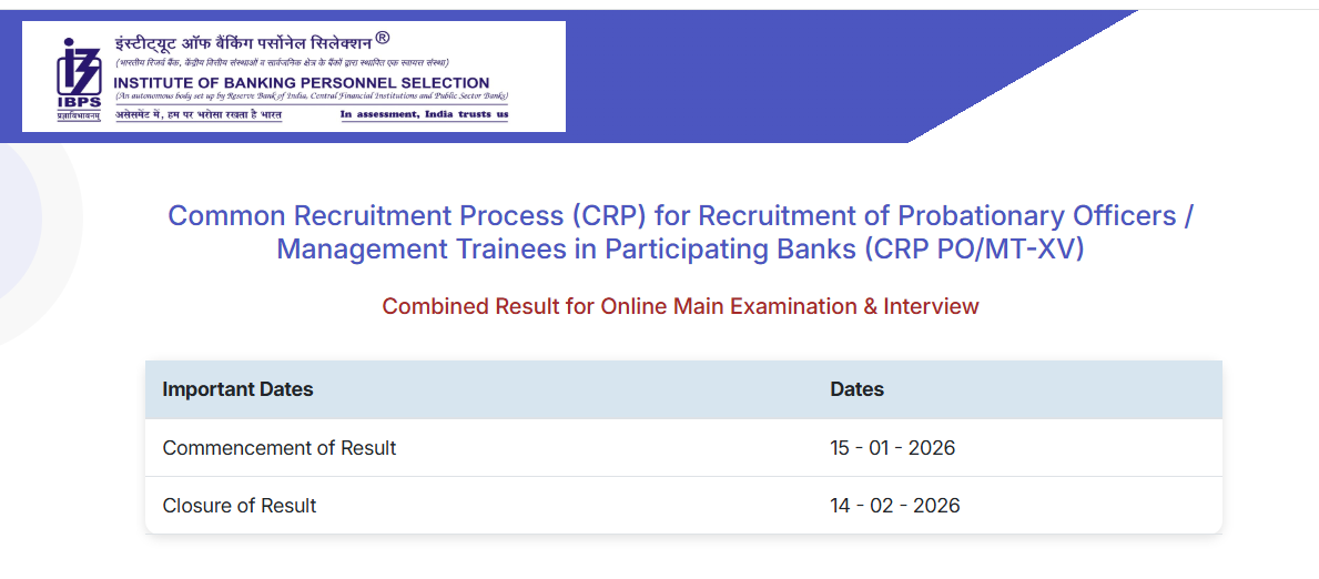 IBPS PO Final Result 2026 login page CRP PO/MT-XV combined mains and interview result