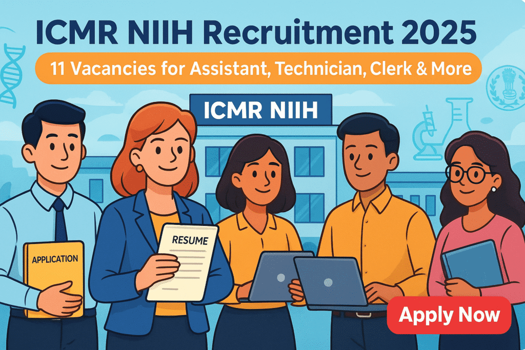 Cartoon-style illustration showing candidates applying for ICMR NIIH Recruitment 2025 outside a research institute.