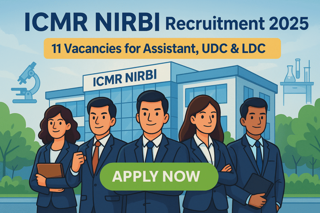 Colorful cartoon illustration showing candidates in formal wear outside the ICMR NIRBI building for ICMR NIRBI Recruitment 2025 with Apply Now banner.
