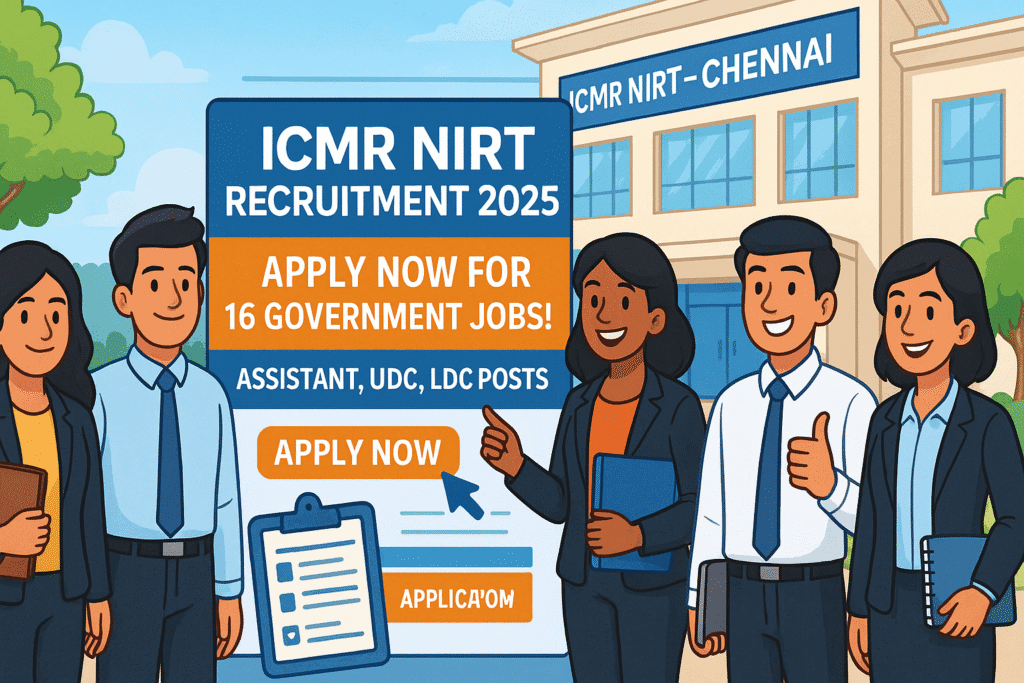 Cartoon-style illustration of young candidates applying for ICMR NIRT Recruitment 2025 in front of institute building