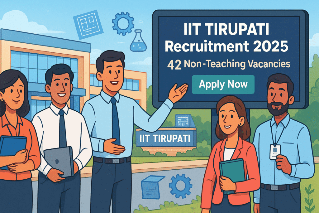 Cartoon-style illustration for IIT Tirupati Recruitment 2025 showing young professionals in front of a modern campus highlighting 42 non-teaching vacancies.