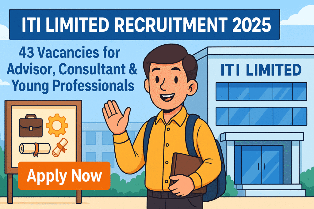 Cheerful job seeker outside ITI Limited office for ITI Limited Recruitment 2025 with banner showing 43 vacancies and Apply Now button.