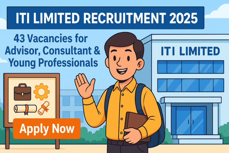 Cheerful job seeker outside ITI Limited office for ITI Limited Recruitment 2025 with banner showing 43 vacancies and Apply Now button.
