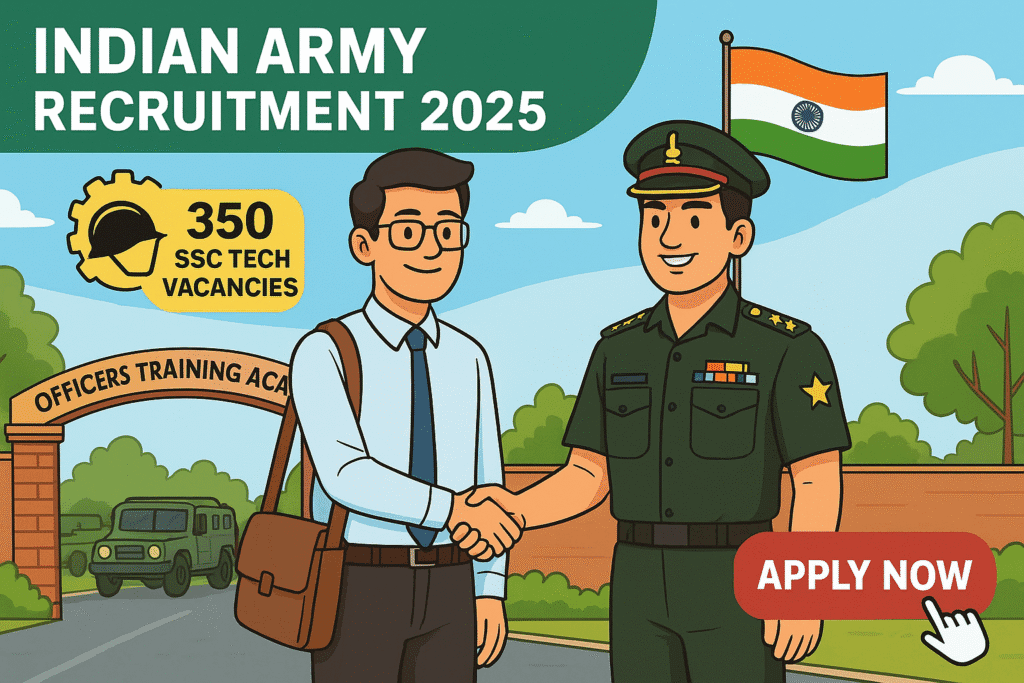 Cartoon-style illustration for Indian Army Recruitment 2025 showing an engineering graduate shaking hands with an Army officer at the Officers Training Academy.