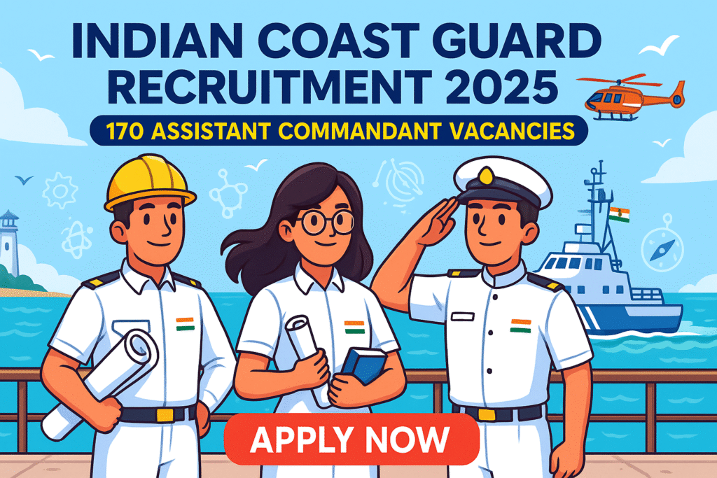 Cartoon-style illustration of Indian Coast Guard Recruitment 2025 showing young aspirants in uniform on a coastal pier with patrol ship and helicopter in the background.