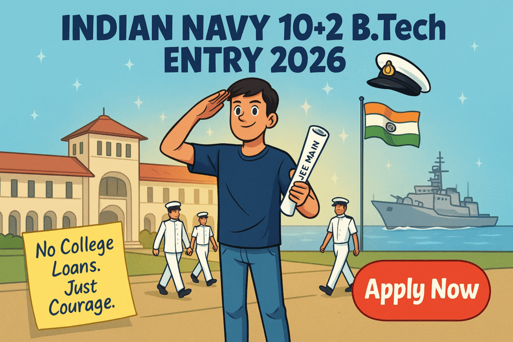 Cartoon-style HD illustration of Indian Navy 10+2 B.Tech Entry student saluting with JEE Main scorecard in front of naval academy, Indian flag, and warship in background.