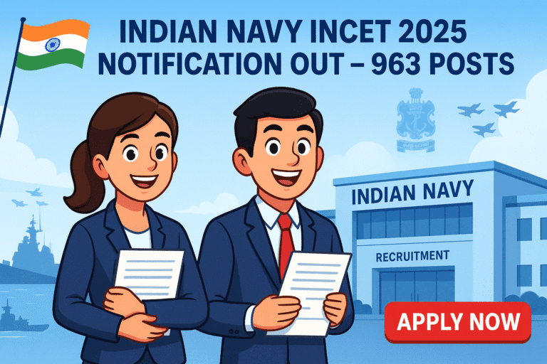 Indian Navy INCET 2025 Notification banner showing cartoon-style male and female candidates in front of Navy office with 963 posts and apply now CTA